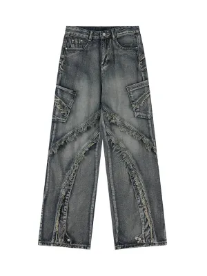 1984 Washed Side Pocket Raw Edge Baggy Jeans