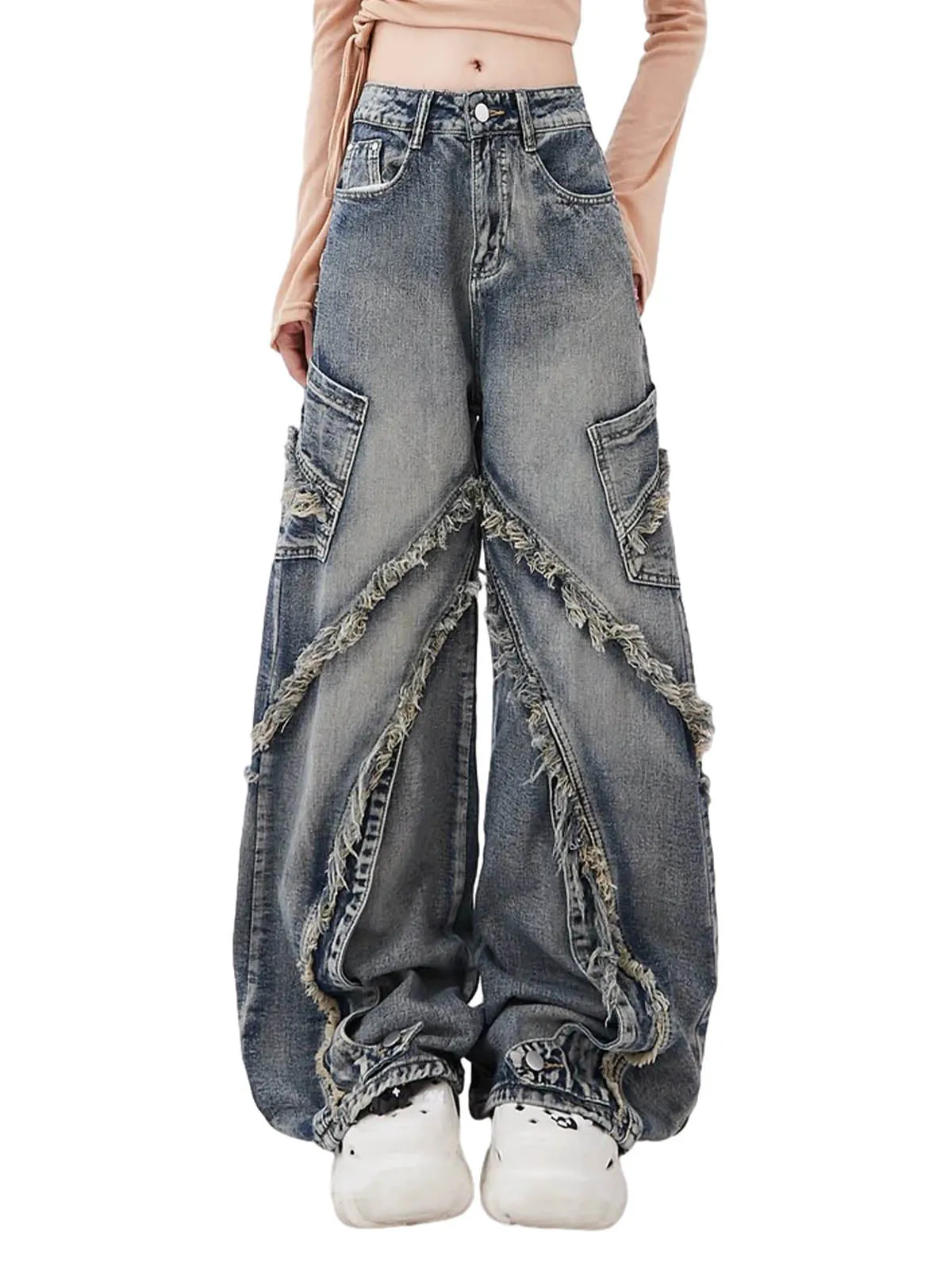 1984 Washed Side Pocket Raw Edge Baggy Jeans