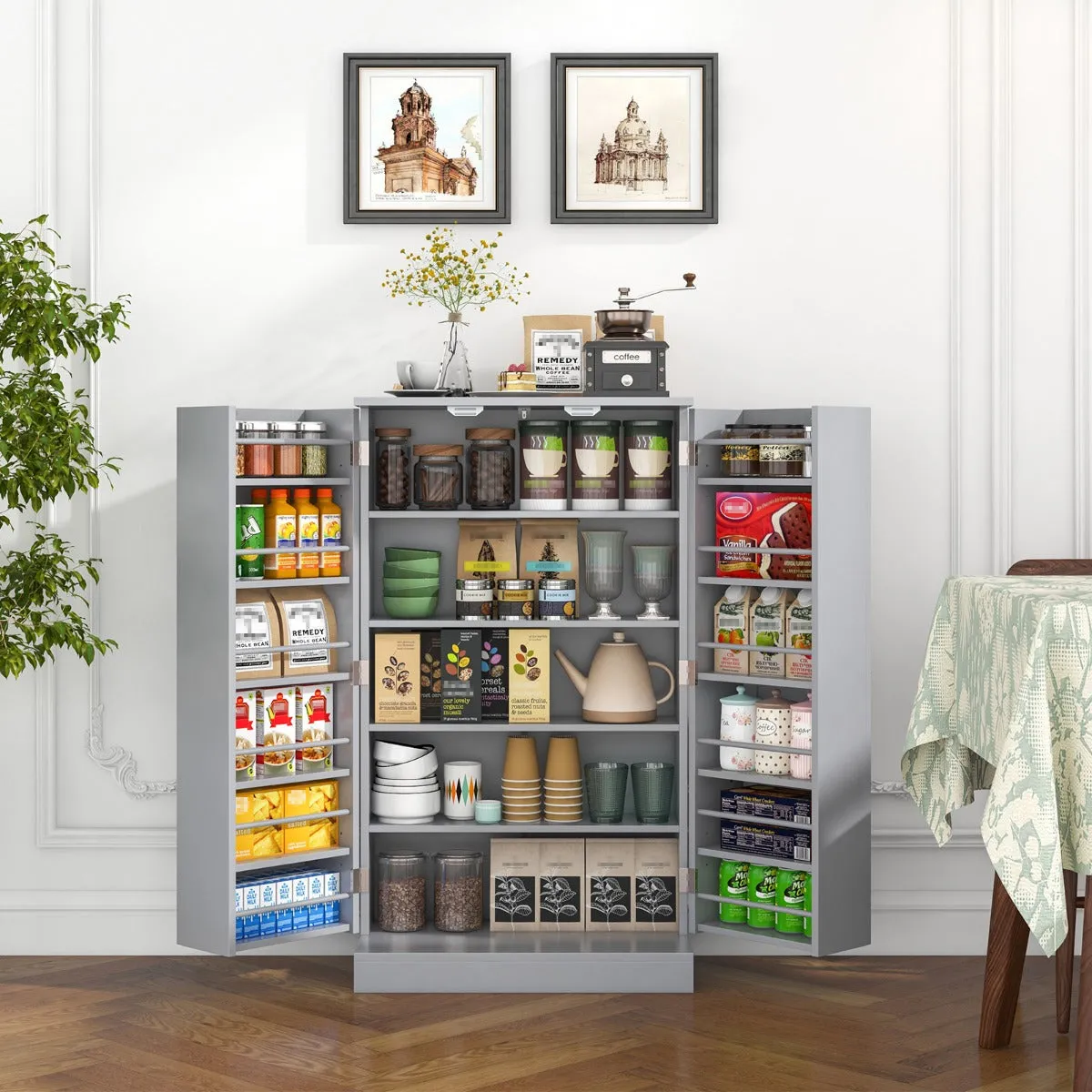 2-Door Pantry Cabinet with 6 Adjustable Shelves-Grey