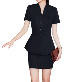 2 Pcs Women Suit Business Casual Blazer And Skirt Set Short Sleeve V Neck Solid Color Blazer   Short Skirt Office Work