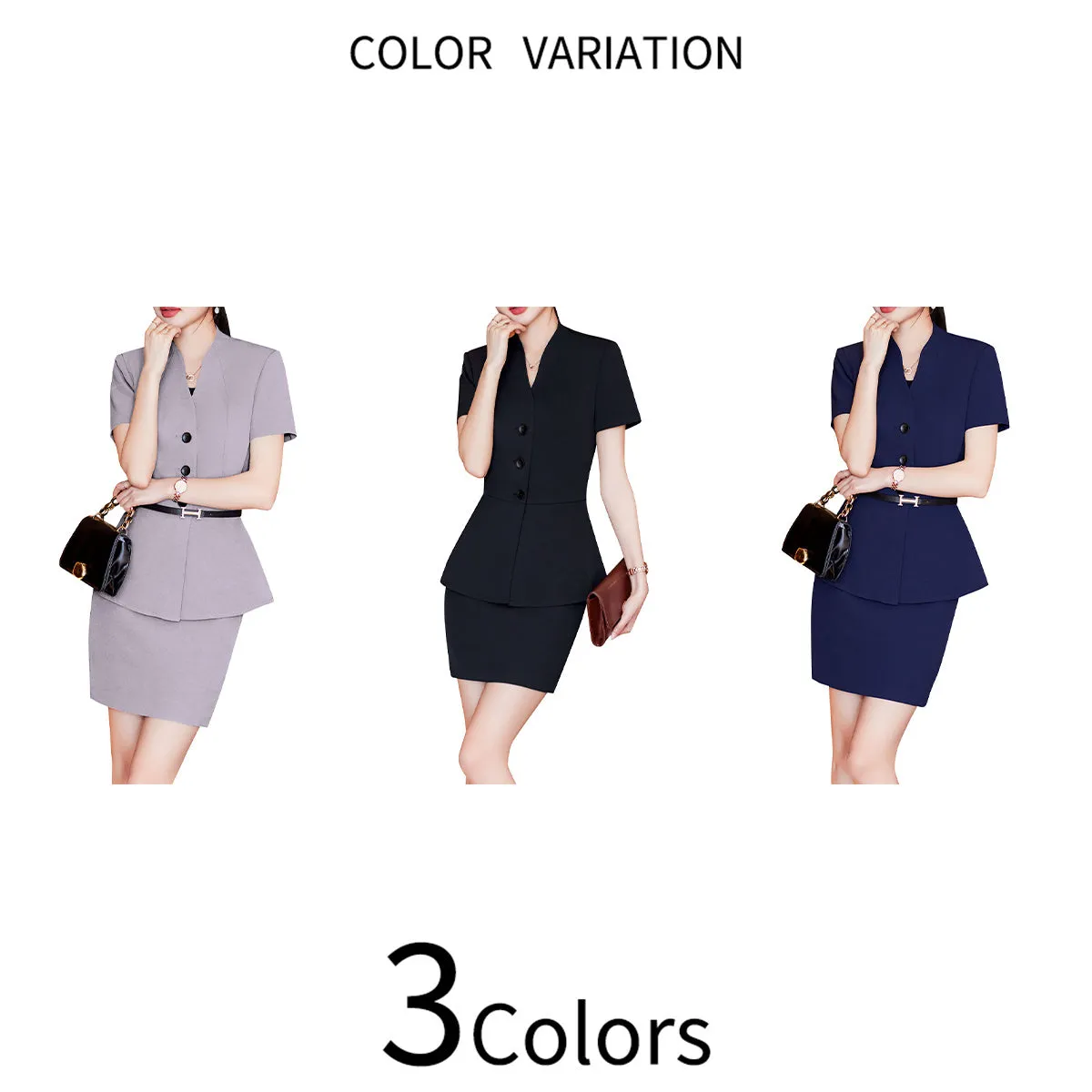 2 Pcs Women Suit Business Casual Blazer And Skirt Set Short Sleeve V Neck Solid Color Blazer   Short Skirt Office Work