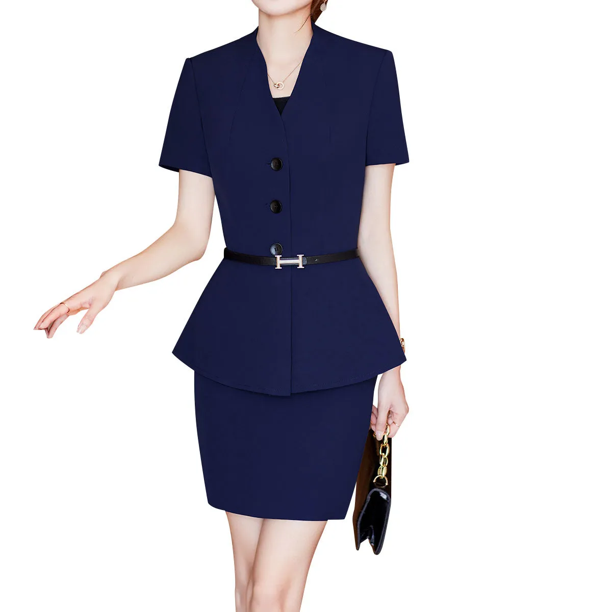 2 Pcs Women Suit Business Casual Blazer And Skirt Set Short Sleeve V Neck Solid Color Blazer   Short Skirt Office Work