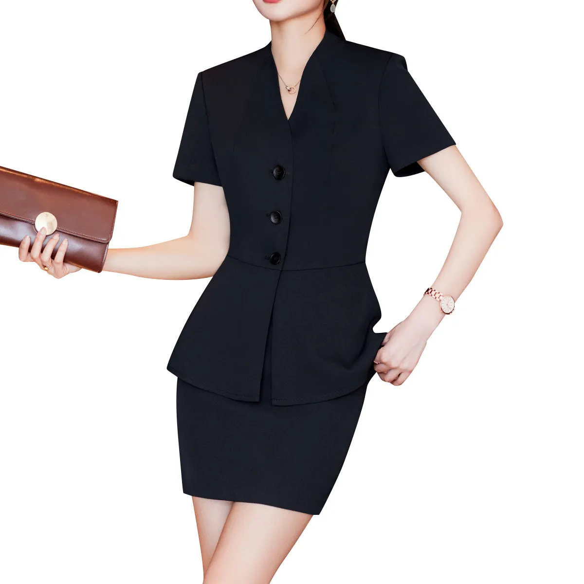 2 Pcs Women Suit Business Casual Blazer And Skirt Set Short Sleeve V Neck Solid Color Blazer   Short Skirt Office Work