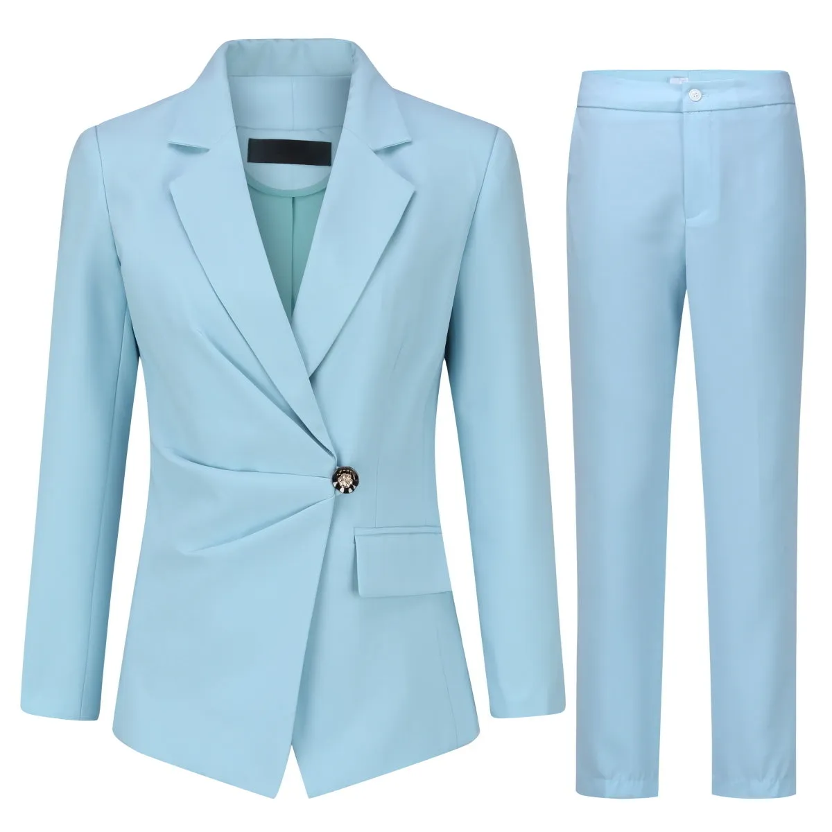 2 Pcs Women Suit Set Fashion Office Lady Blazer Pants Suit Slim Fit Long Sleeve Ruched One Button Wedding Party Outfit