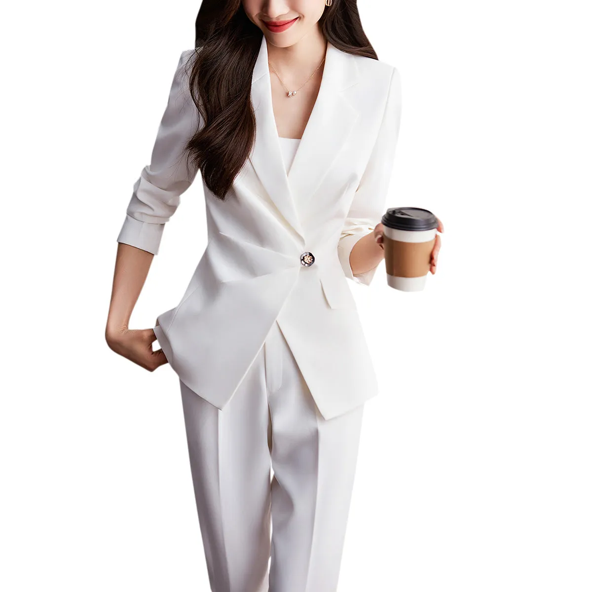 2 Pcs Women Suit Set Fashion Office Lady Blazer Pants Suit Slim Fit Long Sleeve Ruched One Button Wedding Party Outfit