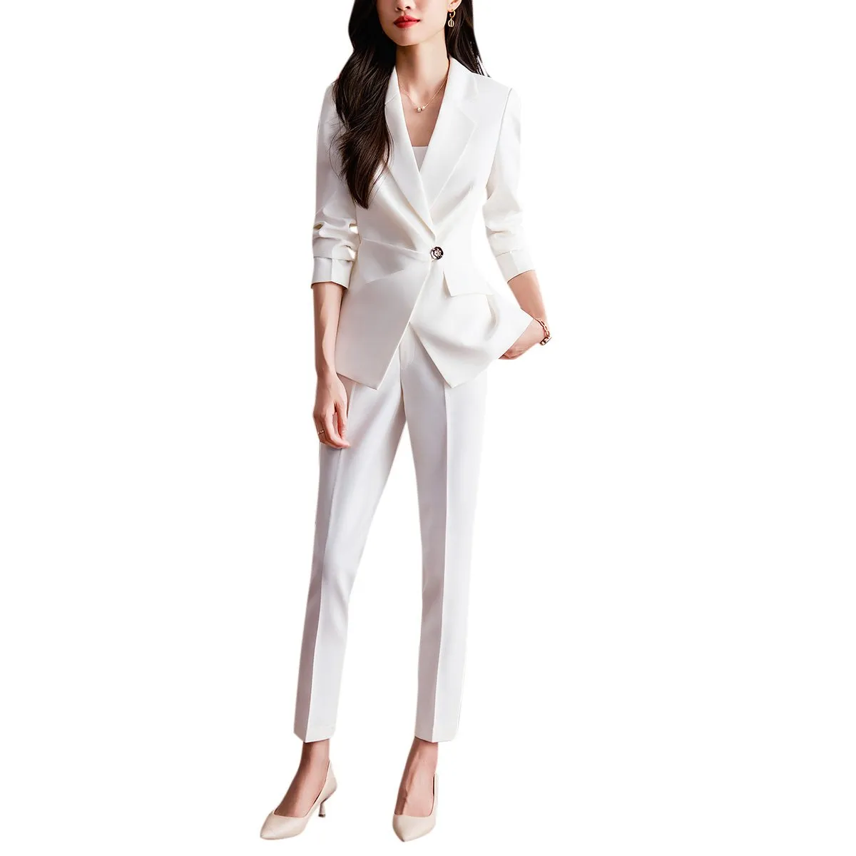 2 Pcs Women Suit Set Fashion Office Lady Blazer Pants Suit Slim Fit Long Sleeve Ruched One Button Wedding Party Outfit