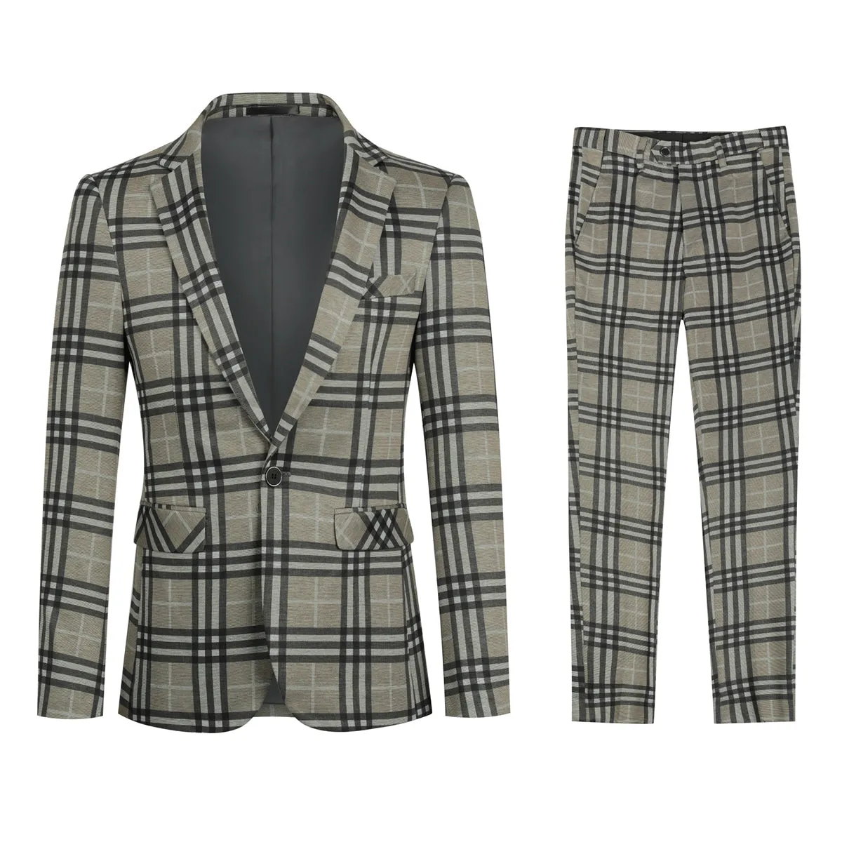 2 Pieces Men Casual Suit Vintage Plaid Single Button Slim Fit Autumn Work Wear Party Date Suit Blazer   Pant