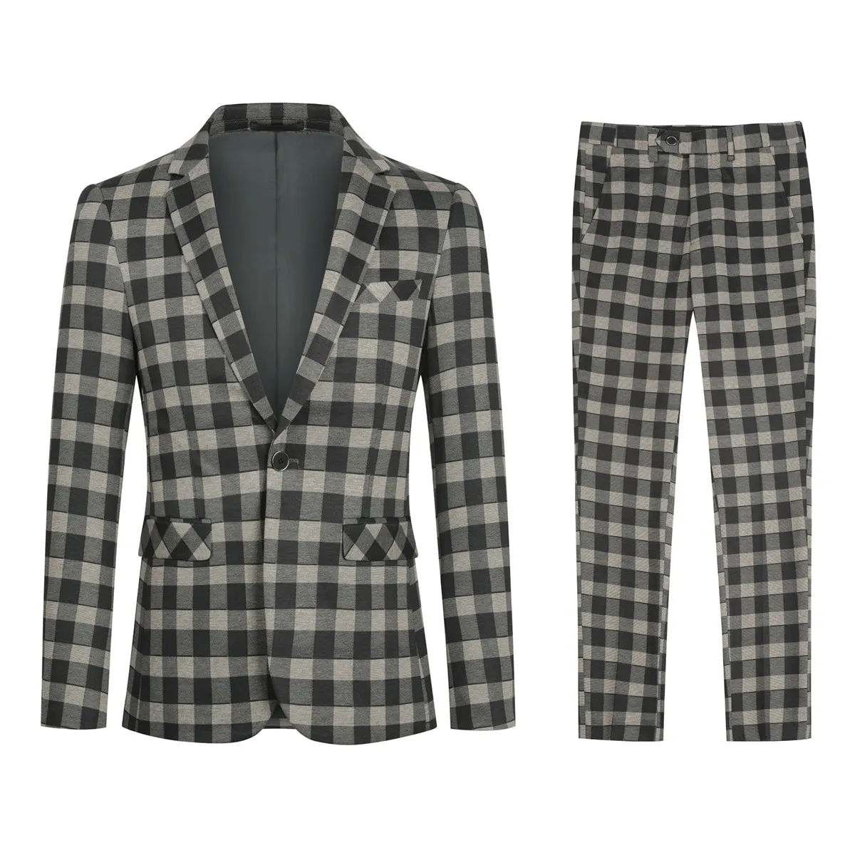 2 Pieces Men Suit Plaid Casual Autumn Slim Fit Wedding Party Suit Retro Khaki One Button Blazer and Pants