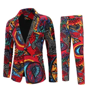 2 Pieces Men Suit Vintage Floral Print Dress Suits Slim Fit One Button Business Casual Wedding Date Blazer and Pant