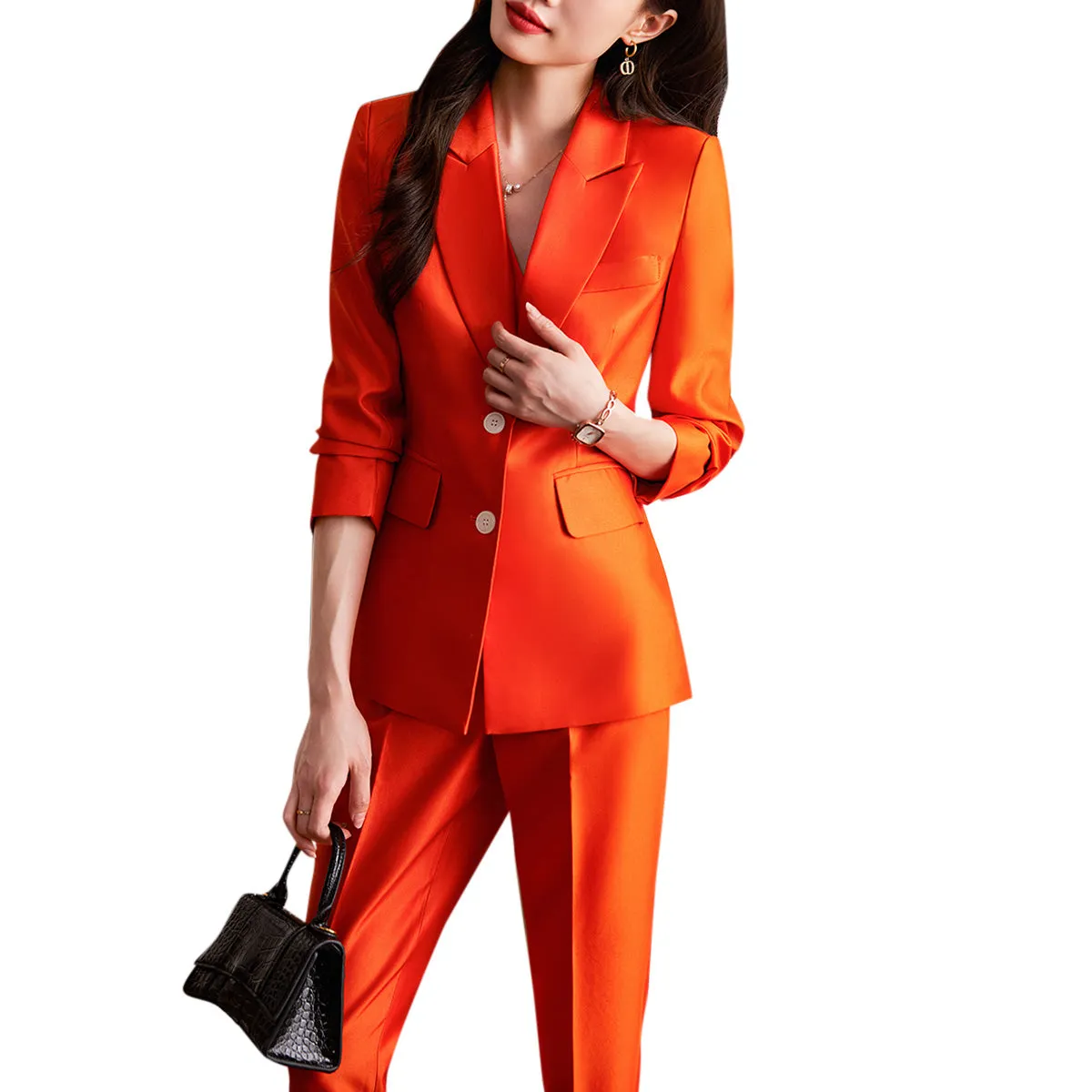 2 Pieces Women Blazer Suits Solid Women Office Blazer Suit Casual Long Sleeve Slim Fit Notched Lapel Blazer Pant Set