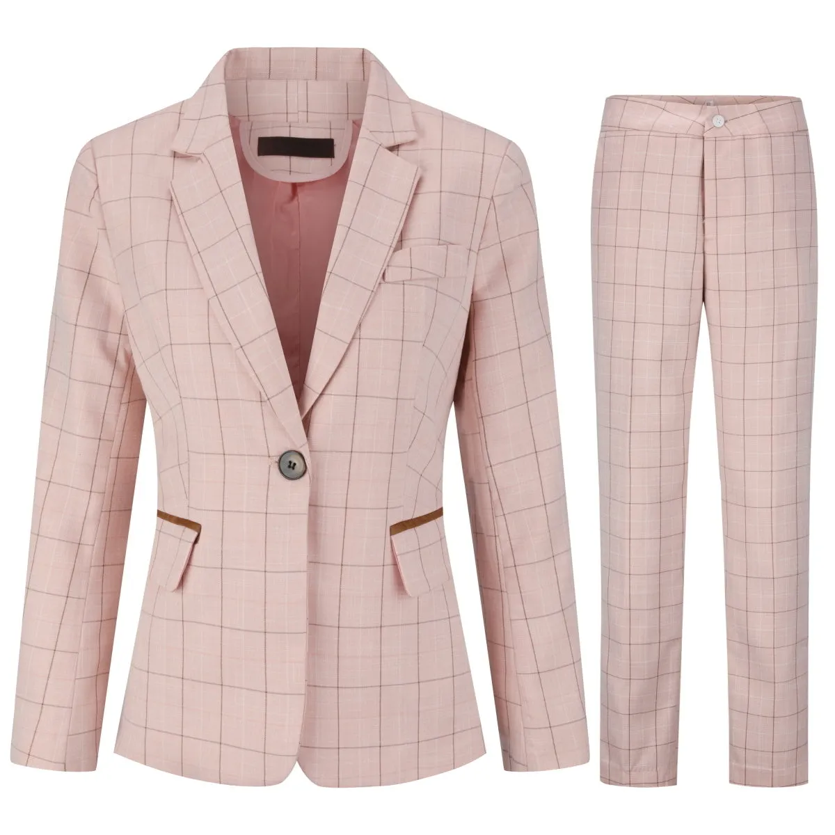 2 Pieces Women Suit Blazer And Pants Set Elegant Office Lady Summer Long Sleeve One Button Slim Plaid Fashion Business