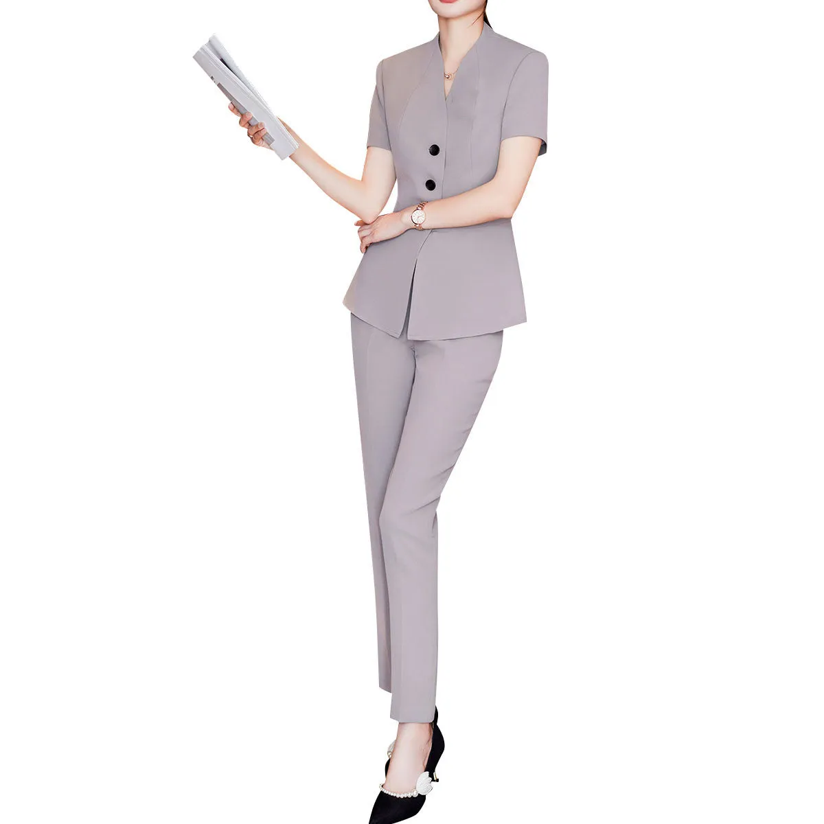 2 Pieces Women Suit Summer Short Sleeve Blazer Set Business Slim Fit Solid Color Single Breasted V Neck Blazer   Pant