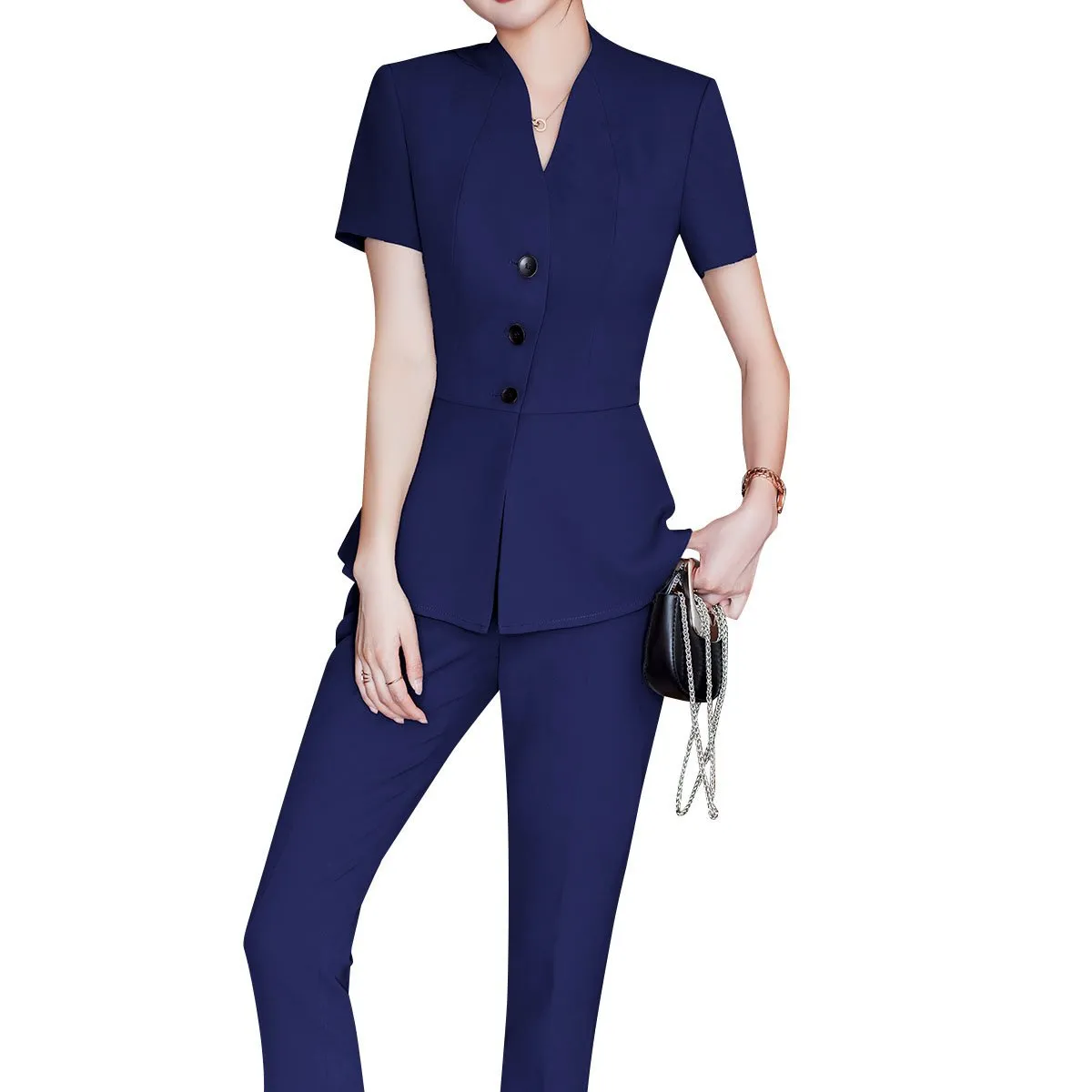 2 Pieces Women Suit Summer Short Sleeve Blazer Set Business Slim Fit Solid Color Single Breasted V Neck Blazer   Pant