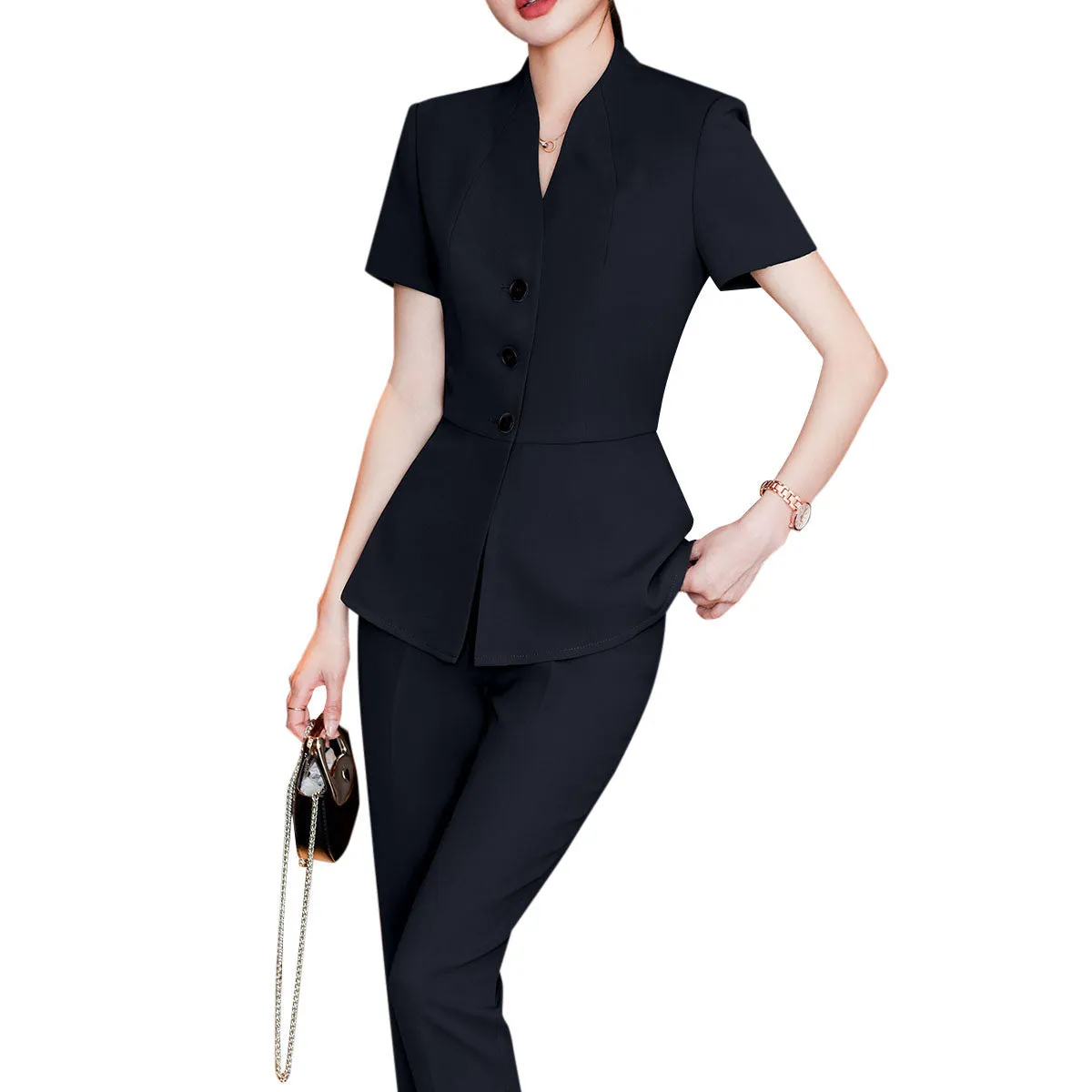 2 Pieces Women Suit Summer Short Sleeve Blazer Set Business Slim Fit Solid Color Single Breasted V Neck Blazer   Pant