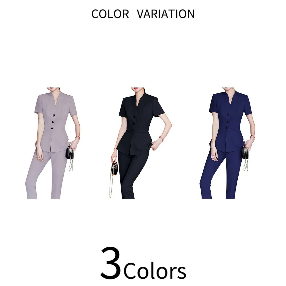 2 Pieces Women Suit Summer Short Sleeve Blazer Set Business Slim Fit Solid Color Single Breasted V Neck Blazer   Pant