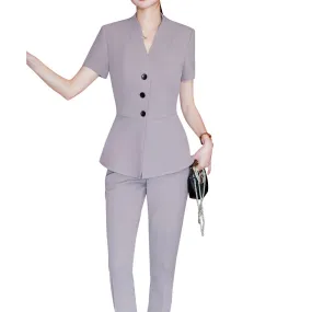 2 Pieces Women Suit Summer Short Sleeve Blazer Set Business Slim Fit Solid Color Single Breasted V Neck Blazer   Pant