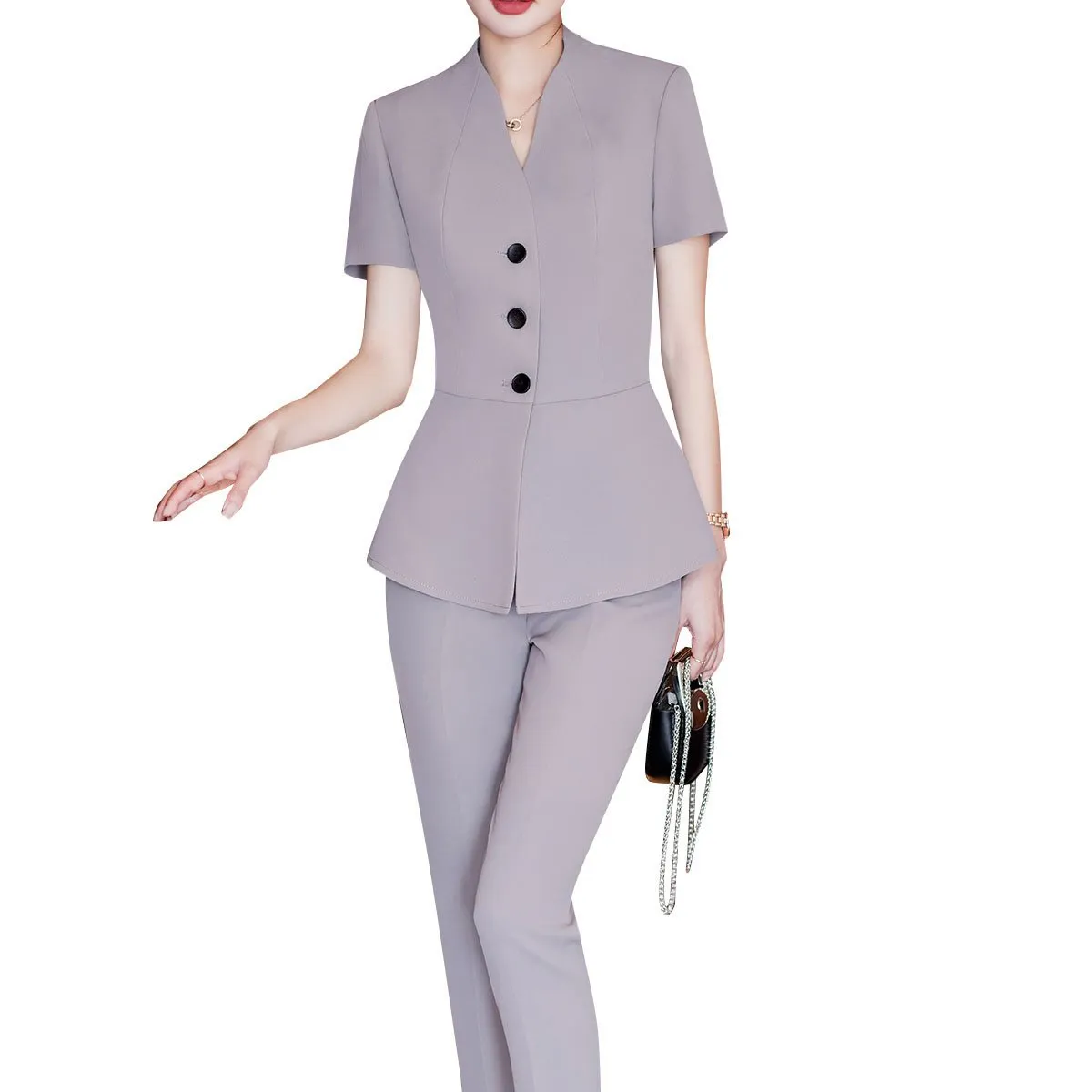 2 Pieces Women Suit Summer Short Sleeve Blazer Set Business Slim Fit Solid Color Single Breasted V Neck Blazer   Pant