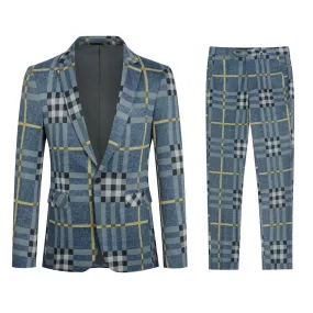 2PCS Men Suit Retro Plaid Striped Slim Fit Formal Suit For Party One Button Blazer   Pants