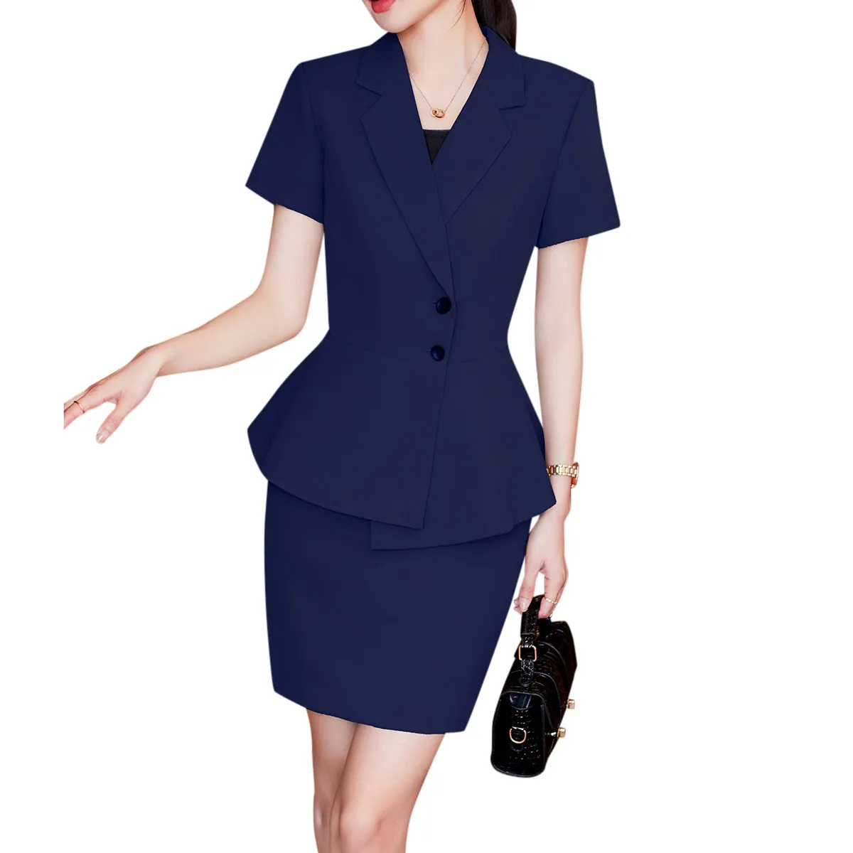 2PCS Women Business Suit Office Lady Blazer And Skirt Slim Fit Short Sleeve Solid Notched Collar Blazer   Mini Skirt Set