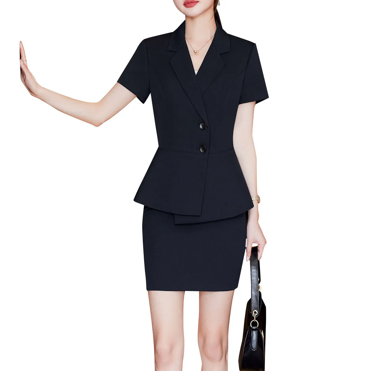 2PCS Women Business Suit Office Lady Blazer And Skirt Slim Fit Short Sleeve Solid Notched Collar Blazer   Mini Skirt Set