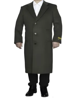 3 Button Full Length Wool Dress Ankle length Top Coat/Overcoat In Dark Olive Green - Mens Topcoat