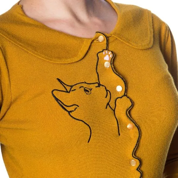 3/4 Sleeve Mustard Kitten Embroidered Crop Cardigan