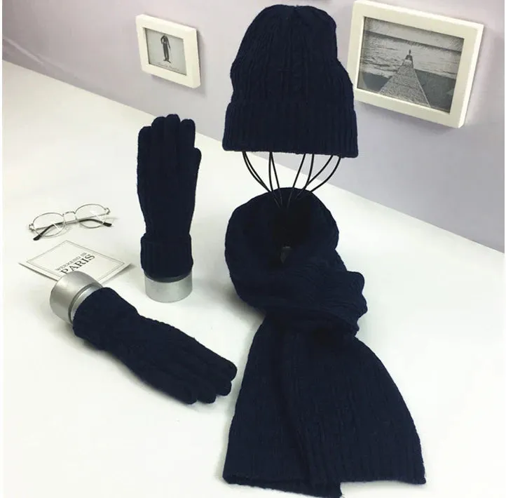 3PC Knitted Hat, Scarf & Glove Set for Women - Winter Warm Wool Twist Cap, Gloves & Scarf Gift Set