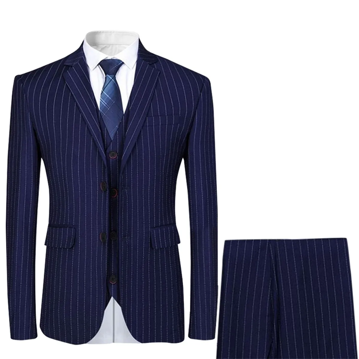 3Pcs Men Slim Fit Suit Business Casual Stripe Long Sleeve Single Breasted Formal Wedding Date Suits Blazer   Vest   Pant