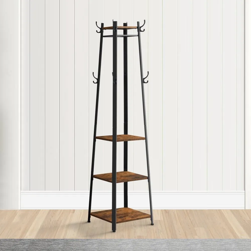 71" Industrial Metal Frame Coat Rack, 3 Wood Shelves, Rustic Brown, Black By Casagear Home