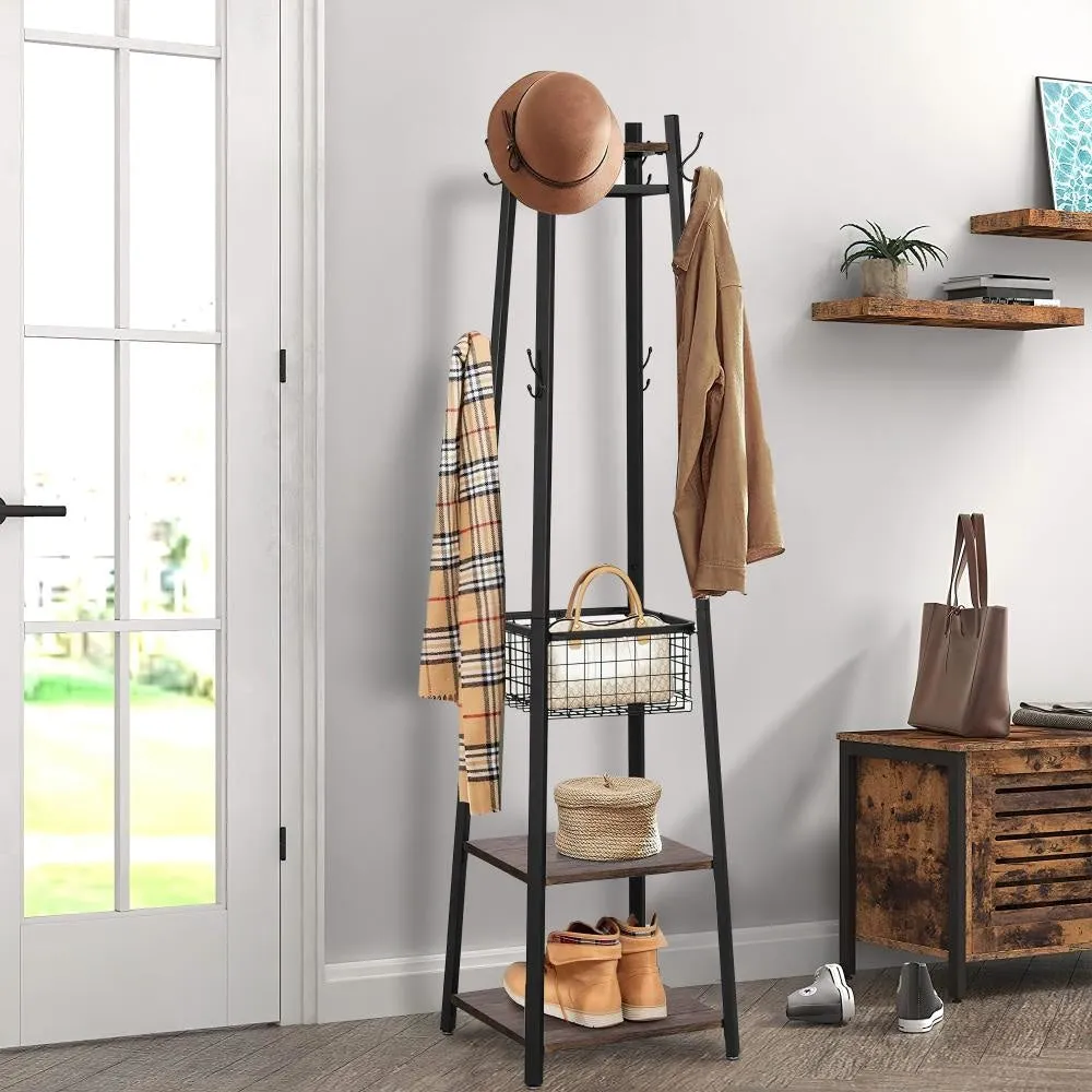 71" Industrial Metal Frame Coat Rack, 3 Wood Shelves, Rustic Brown, Black By Casagear Home