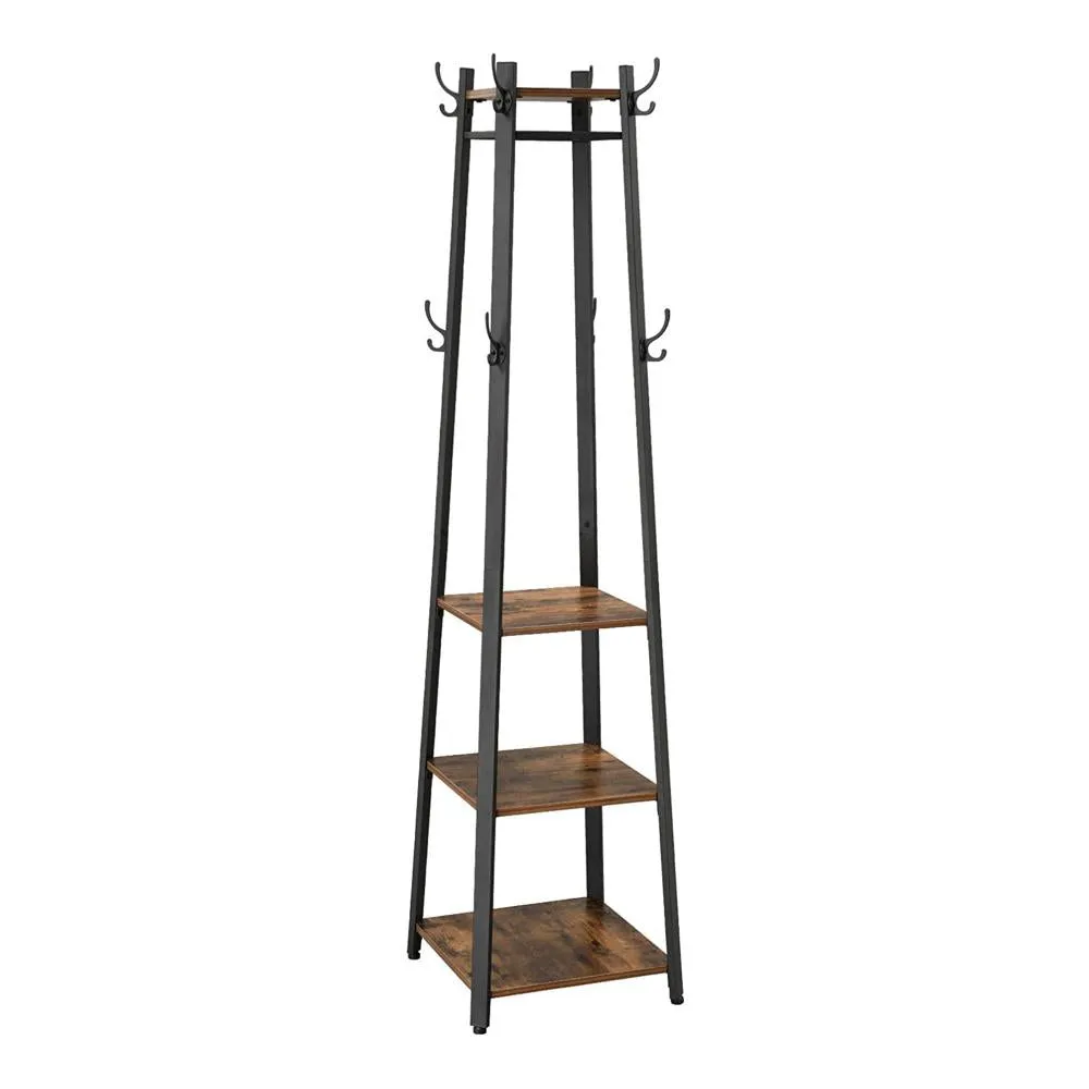 71" Industrial Metal Frame Coat Rack, 3 Wood Shelves, Rustic Brown, Black By Casagear Home