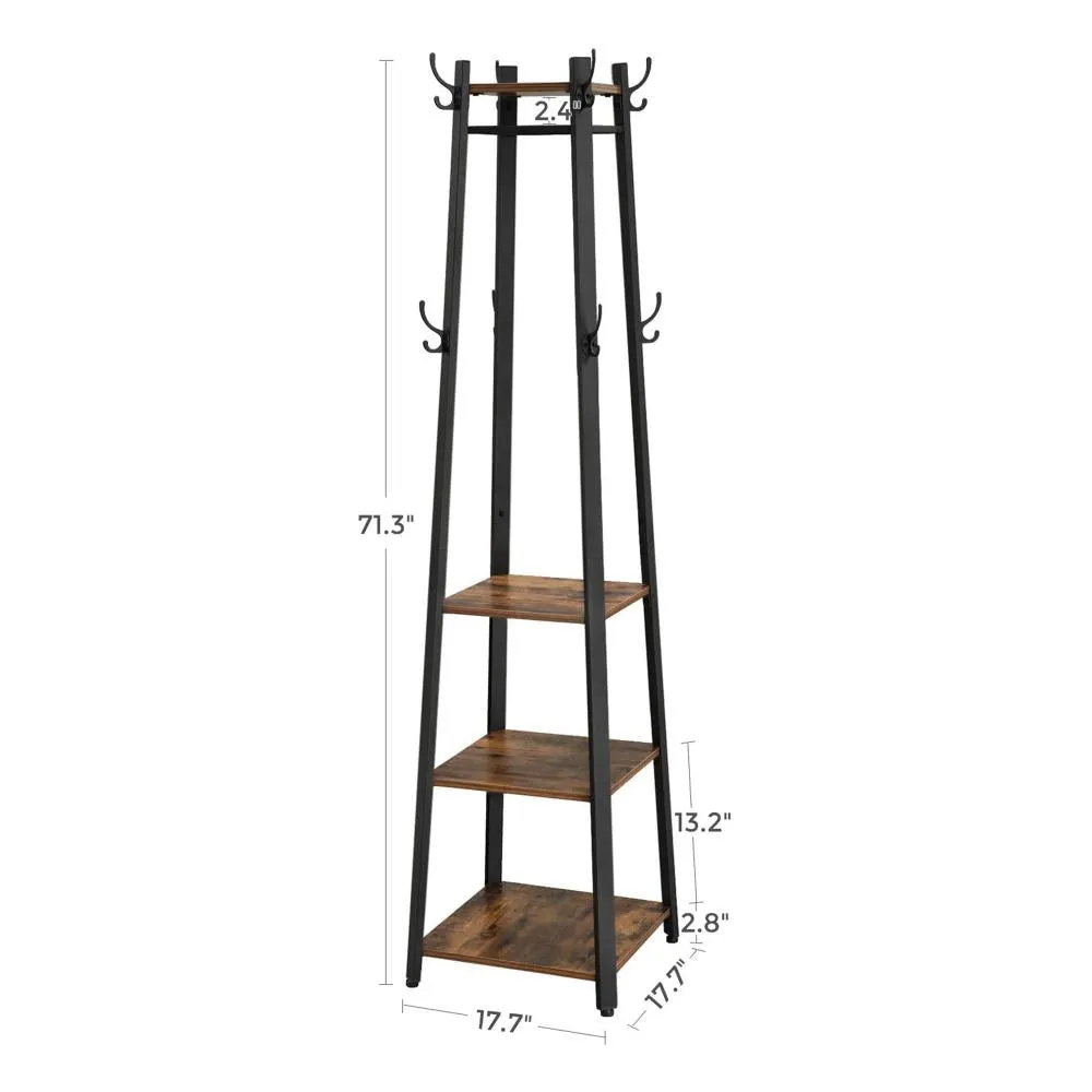 71" Industrial Metal Frame Coat Rack, 3 Wood Shelves, Rustic Brown, Black By Casagear Home