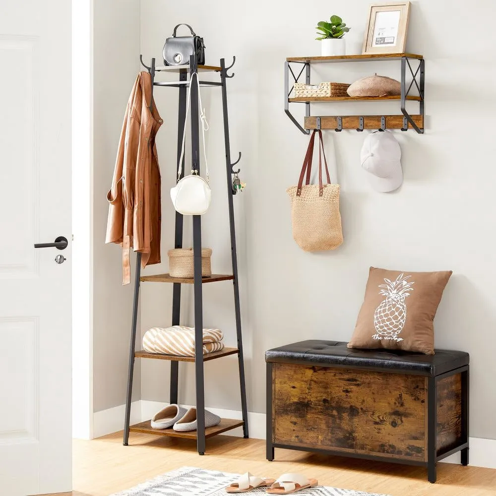 71" Industrial Metal Frame Coat Rack, 3 Wood Shelves, Rustic Brown, Black By Casagear Home