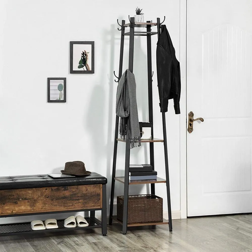 71" Industrial Metal Frame Coat Rack, 3 Wood Shelves, Rustic Brown, Black By Casagear Home