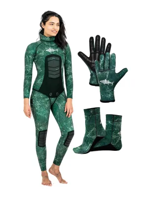 Adreno Womens Abrolhos 5.0mm Two Piece Wetsuit, Diving Gloves, Diving Socks - Combo