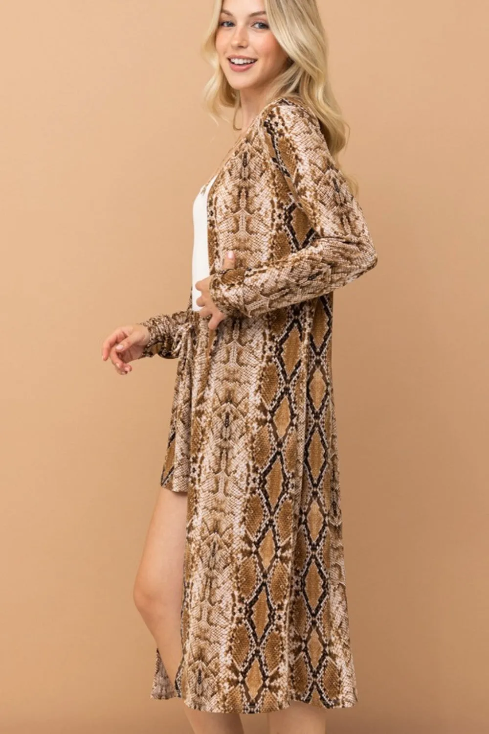 And The Why Snake Print Kimono Open Front Longline Cardigan