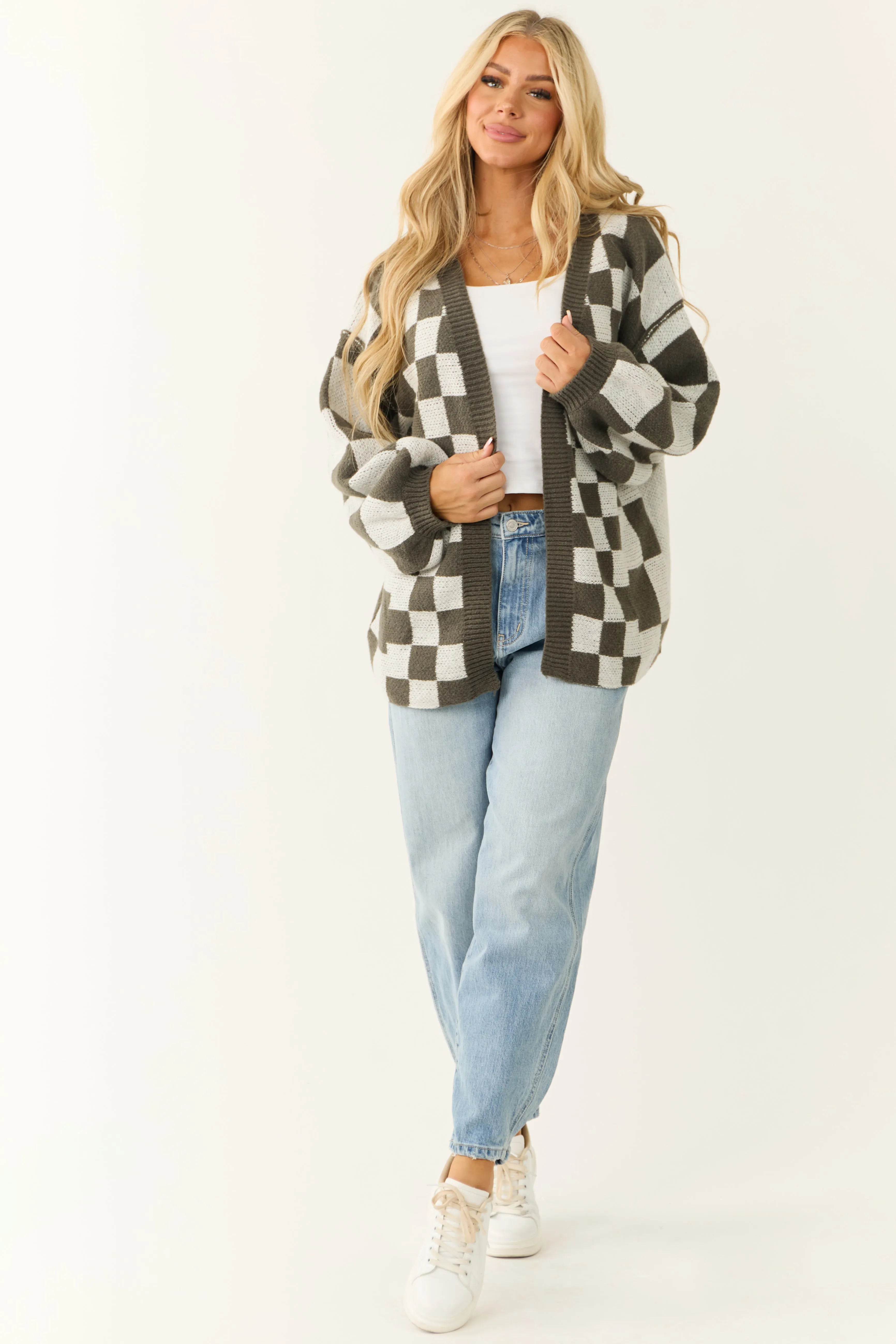 Ash and White Abstract Checkered Oversized Cardigan