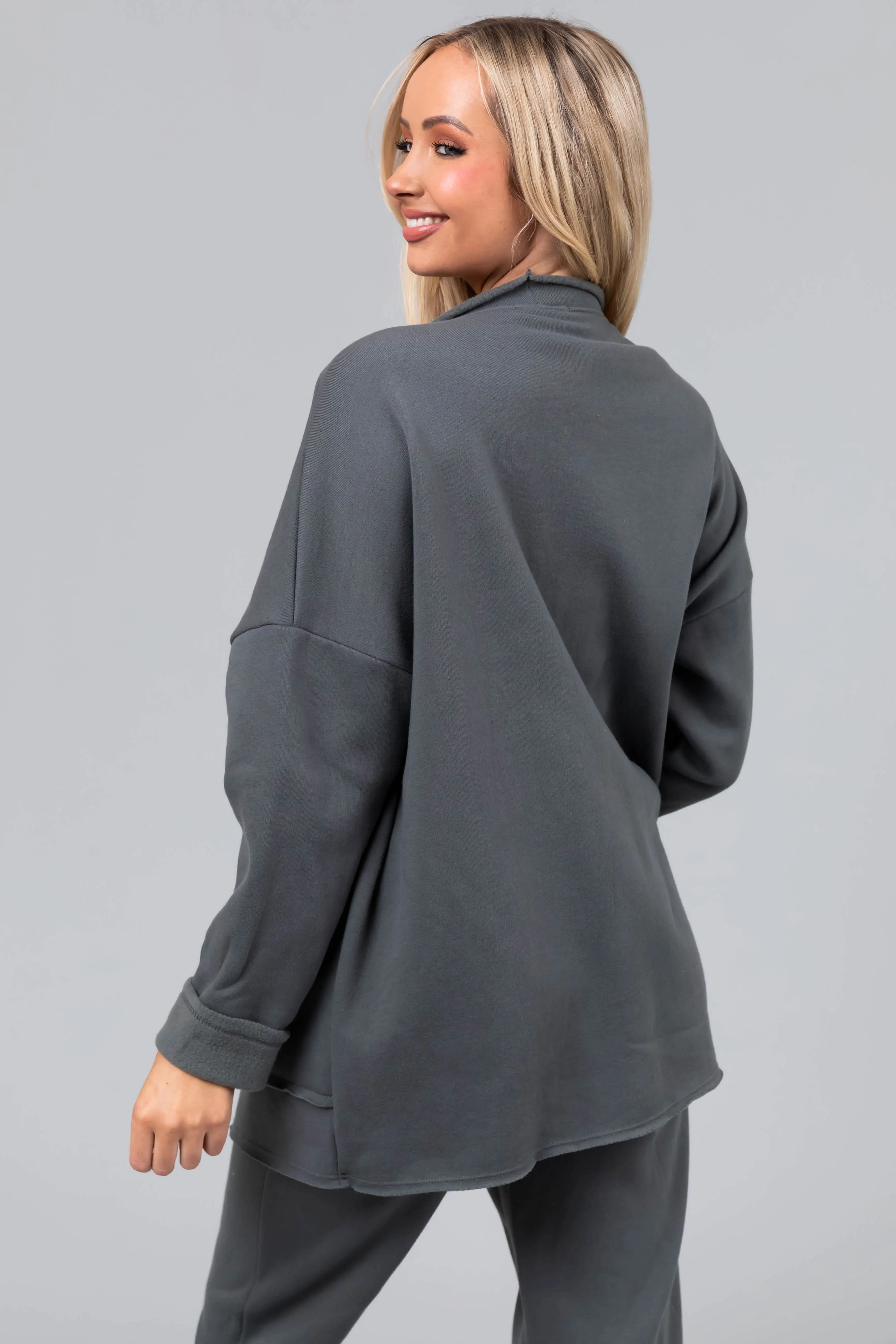 Ash Grey Fleece Open Front Cardigan