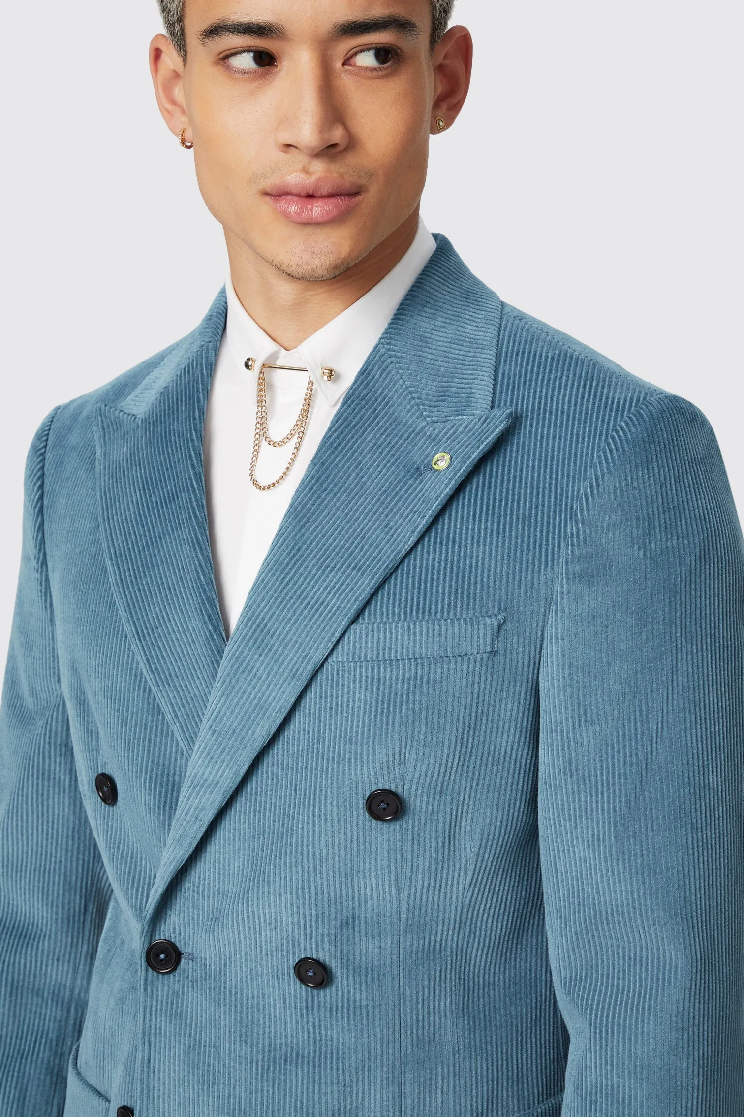 Aston Slim Fit Blue Corduroy Double Breasted Jacket