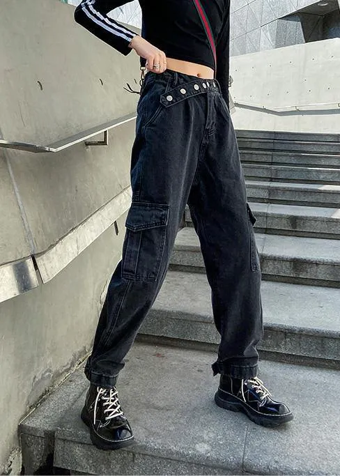 Beautiful pockets casual pants  black gray pattern wild women pants