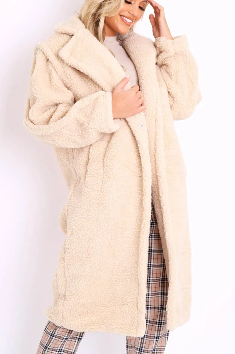 Beige Faux Fur Button Front Teddy Coat - Aamna