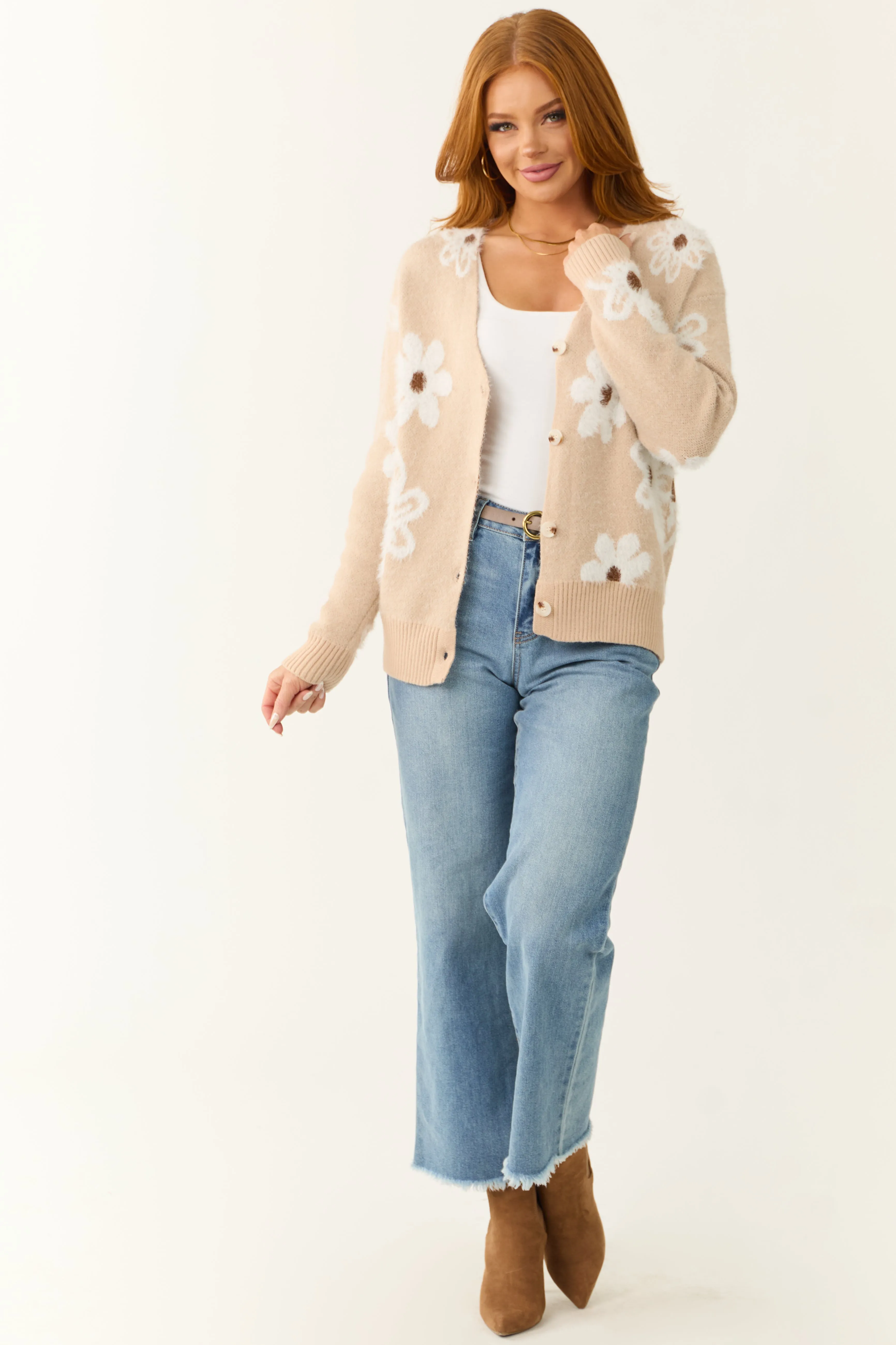 Beige Floral Pattern Fuzzy Soft Knit Cardigan