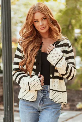 Black and Cream Striped Crochet Knit Cardigan