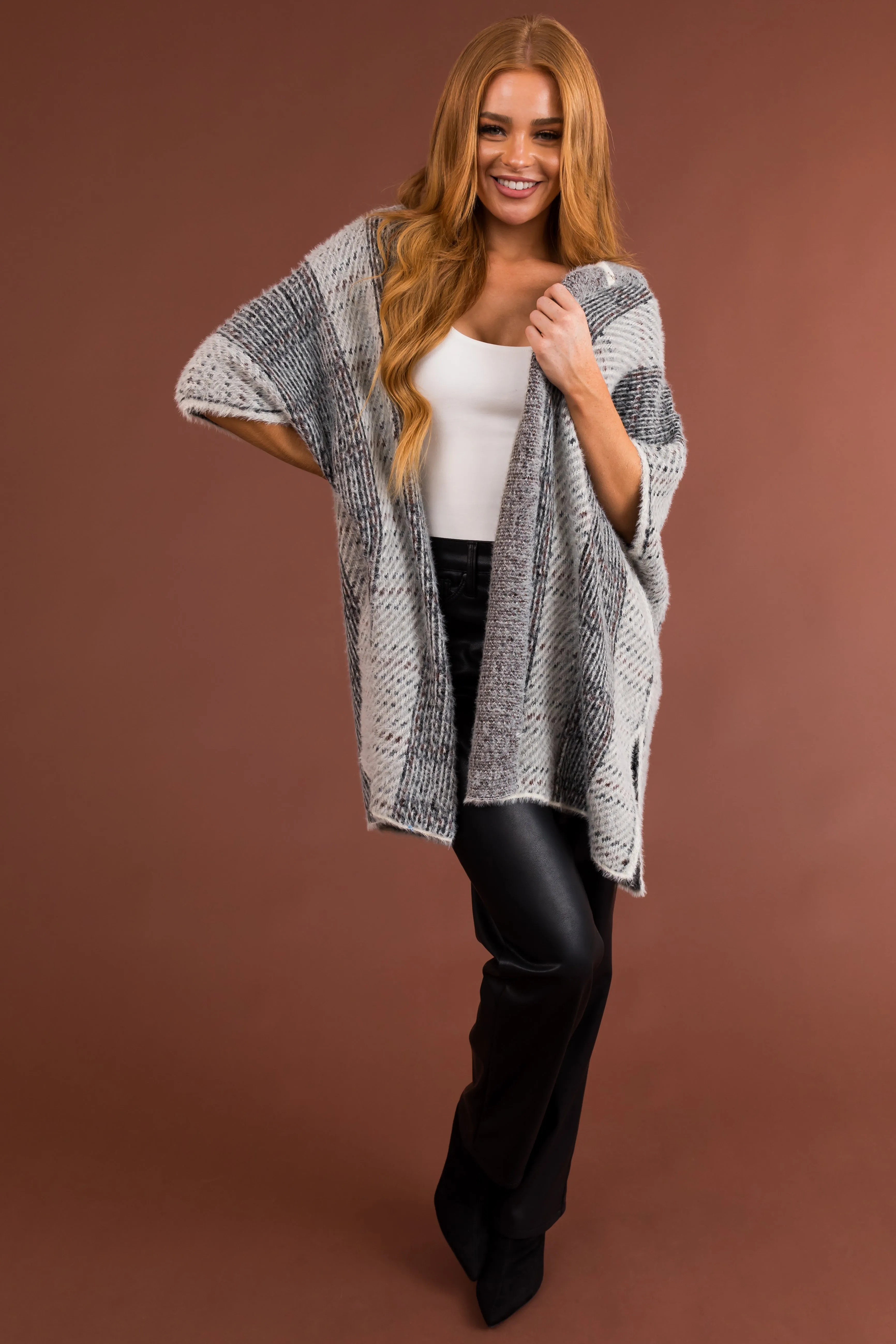 Black and Ivory Open Front Hooded Poncho