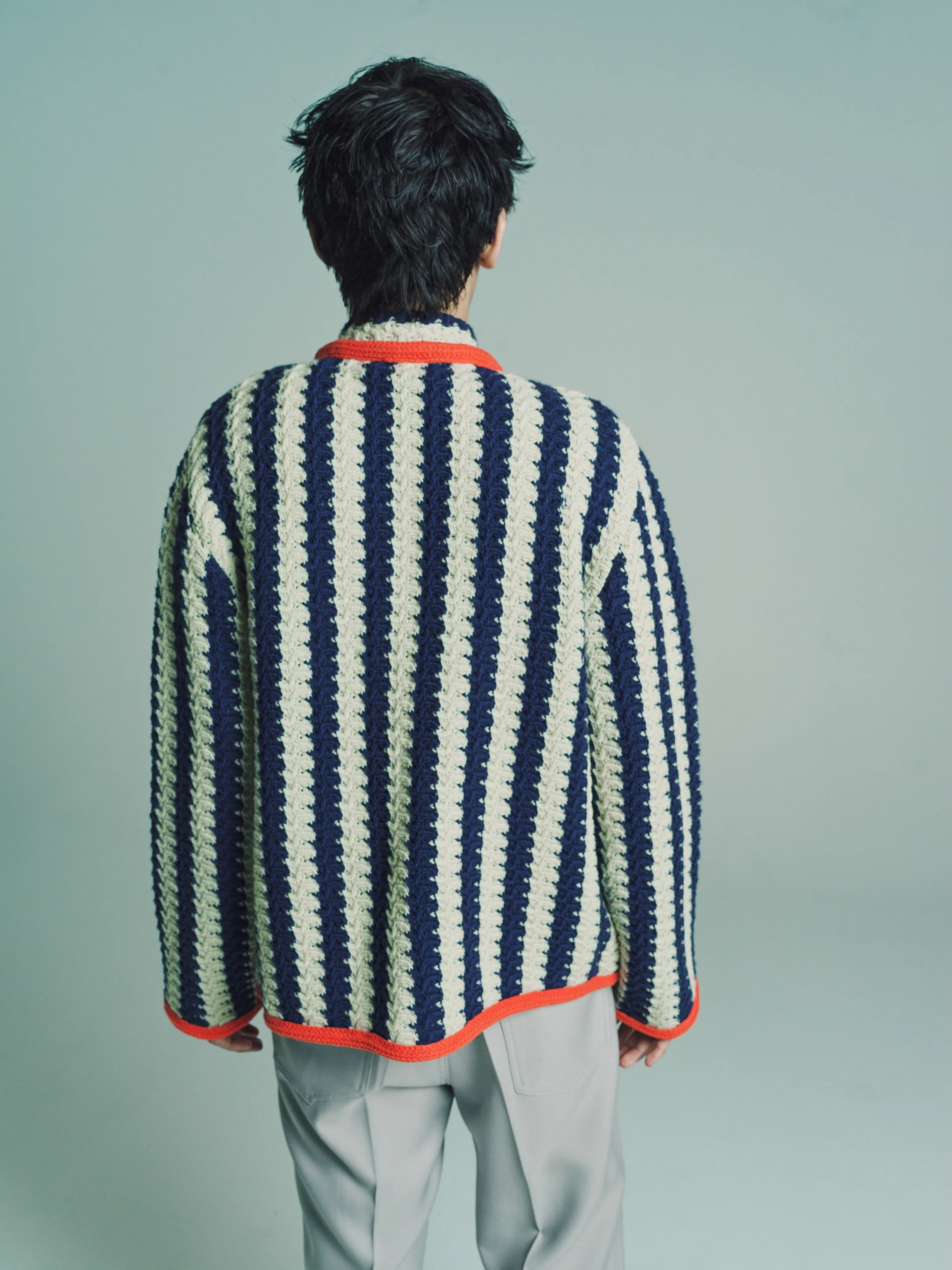 Blue Cream Merino Wool Bold Stripe Cardigan