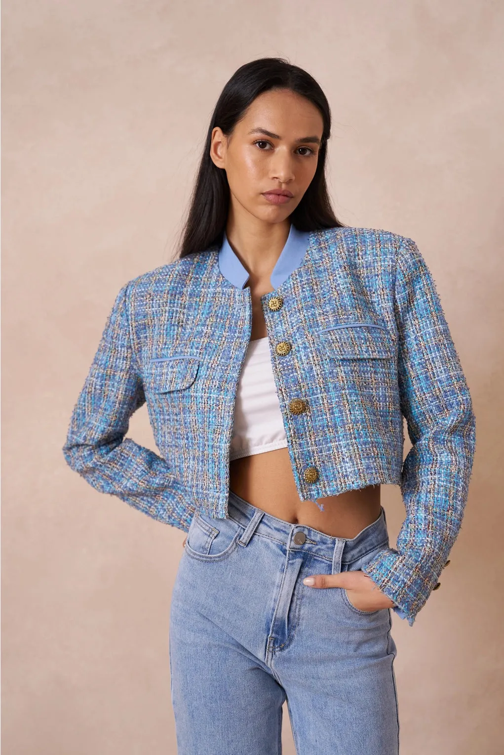 Blue Cropped Tweed Blazer Jacket