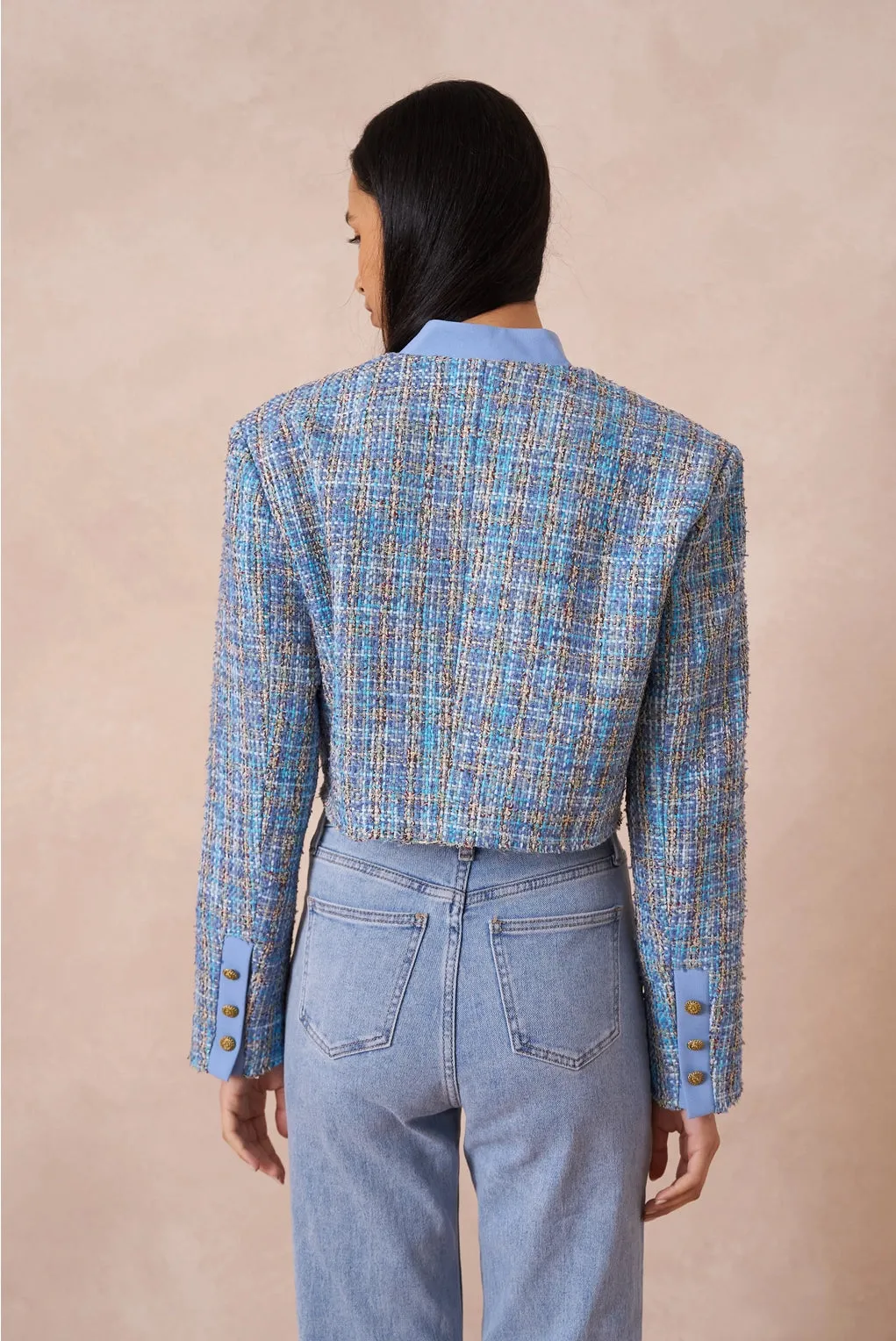 Blue Cropped Tweed Blazer Jacket