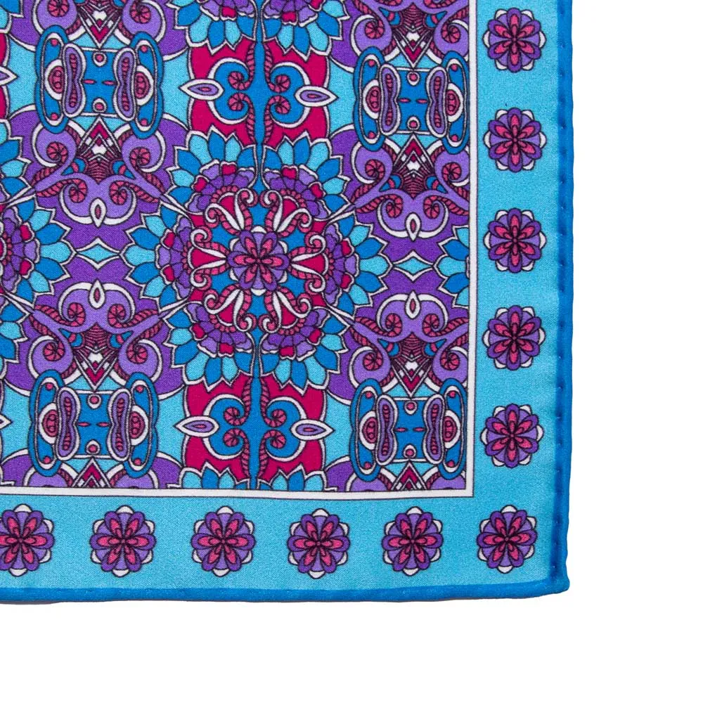 Blue Purple and Fuchsia Sicilian Mosaic Silk Pocket Square