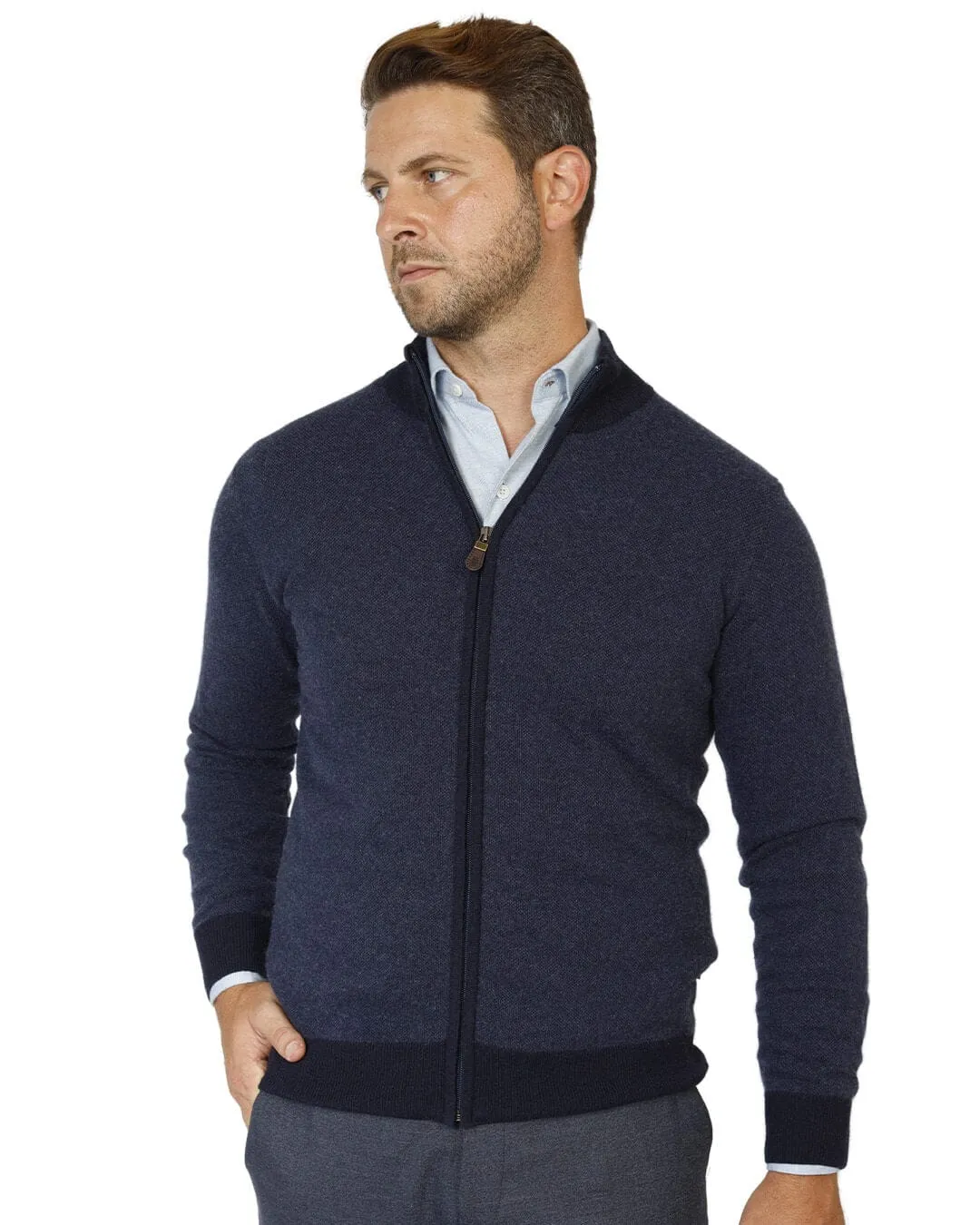 Blue Wool Cashmere Blend Full Zip Cardigan