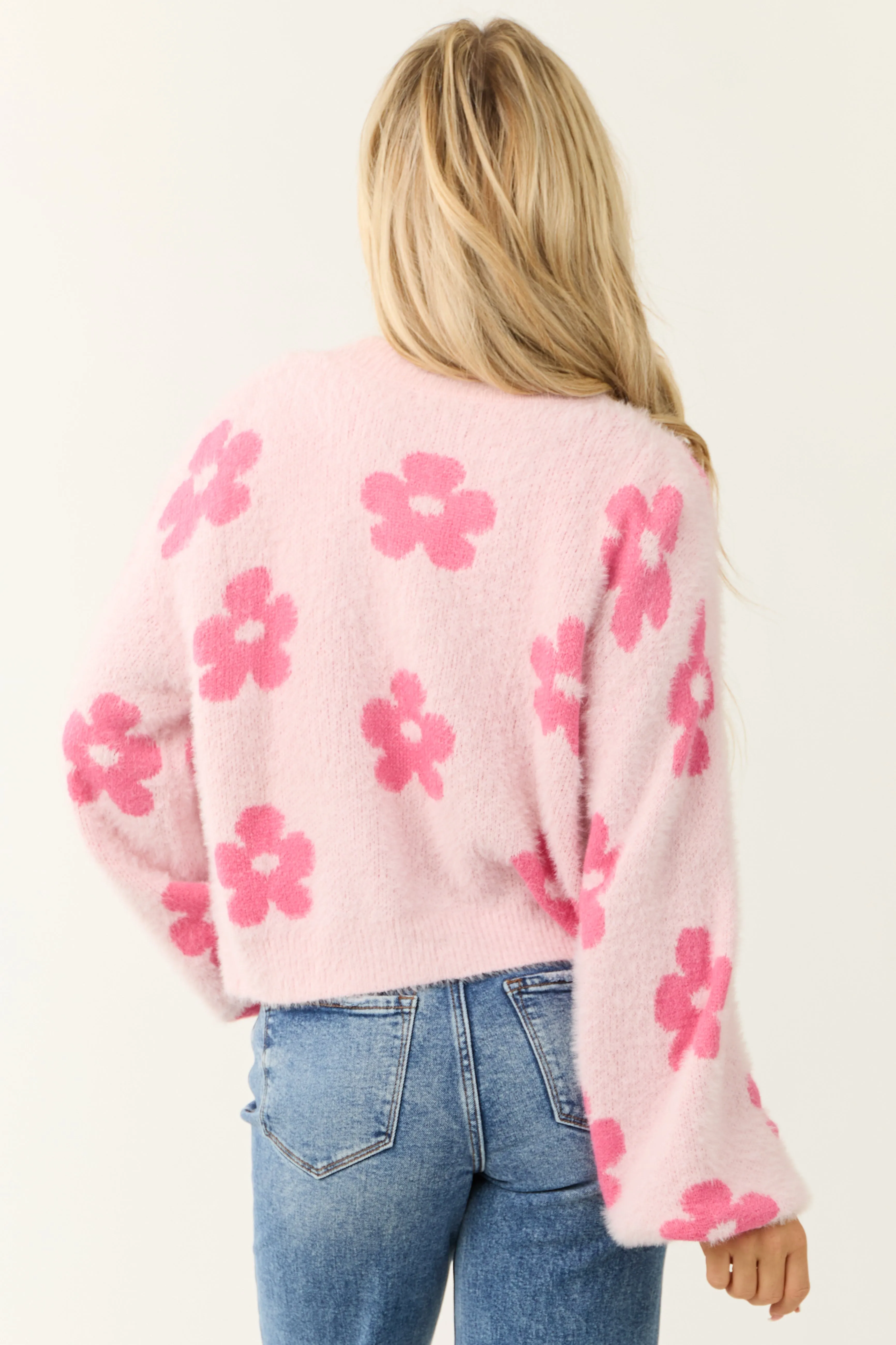 Blush Floral Print Open Front Textured Cardigan